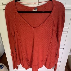 Free people orange thermal waffle layered v neck